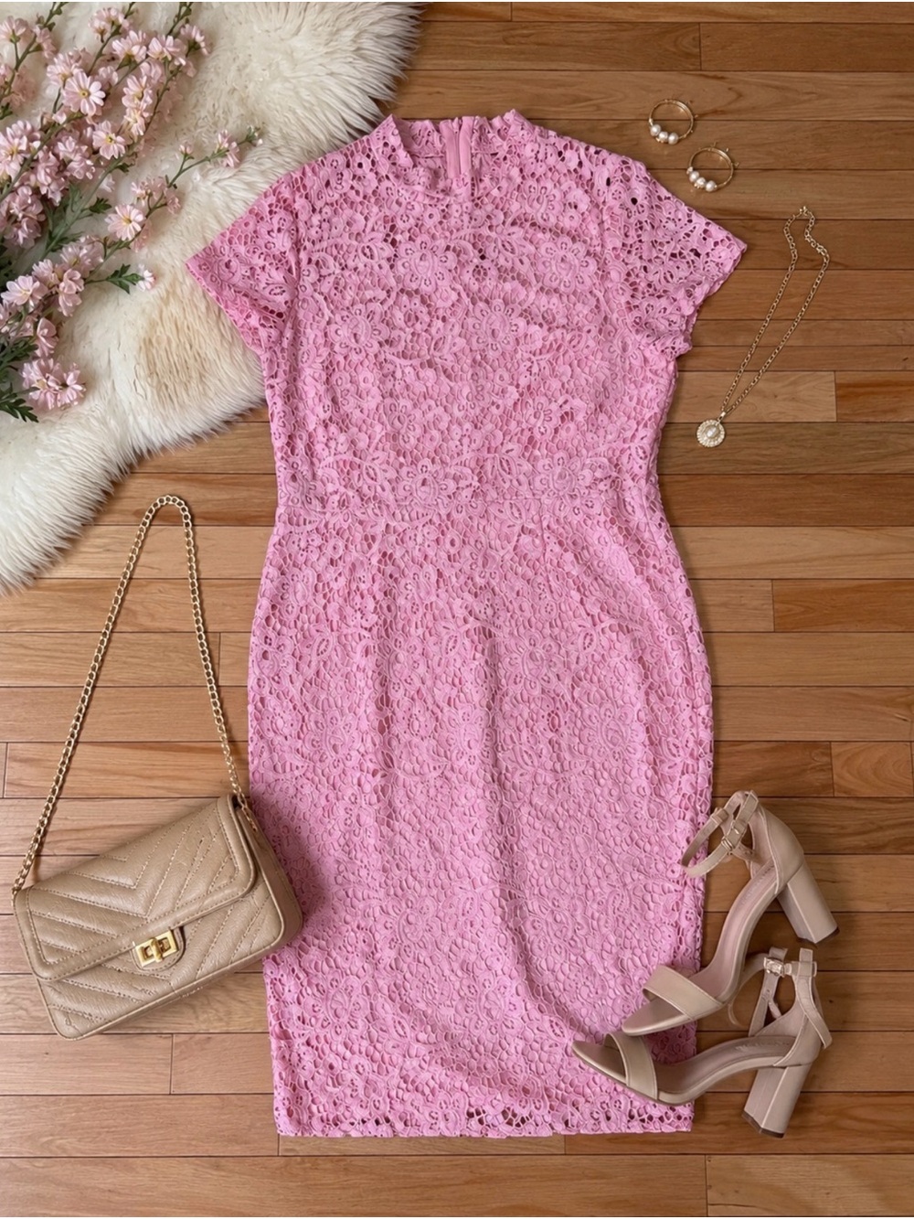 Curve Cap Sleeve Pink Lace Midi Dress